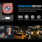 Arenzza 3-camera dash cam in a car showing front, interior, and rear HD lenses for vehicle recording and safety.