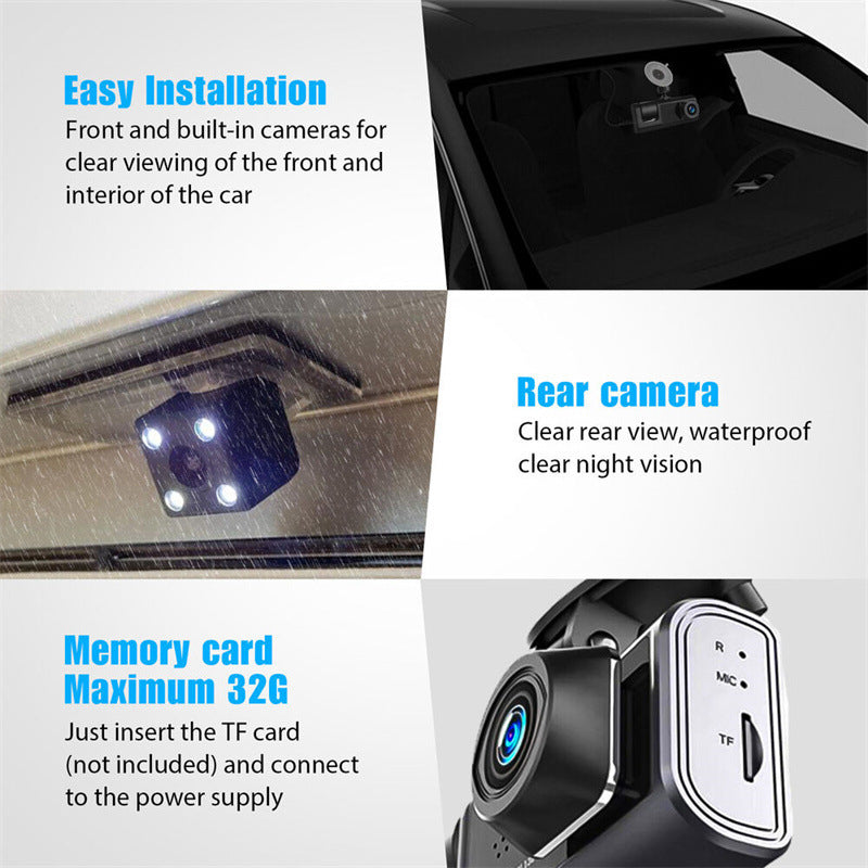 Arenzza 3-camera dash cam system with front, interior, and rear cameras capturing HD 1080P footage for cars.