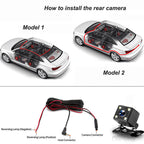 Arenzza 3-camera HD dash cam for cars showing front, interior, and rear views with reverse camera in a vehicle.