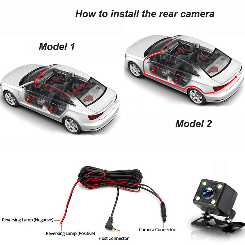 Arenzza 3-camera HD dash cam for cars showing front, interior, and rear views with reverse camera in a vehicle.