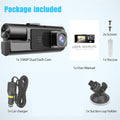 Arenzza 3-camera dash cam with front, interior, and rear cameras in 1080P HD showing mounted inside a car for recording.