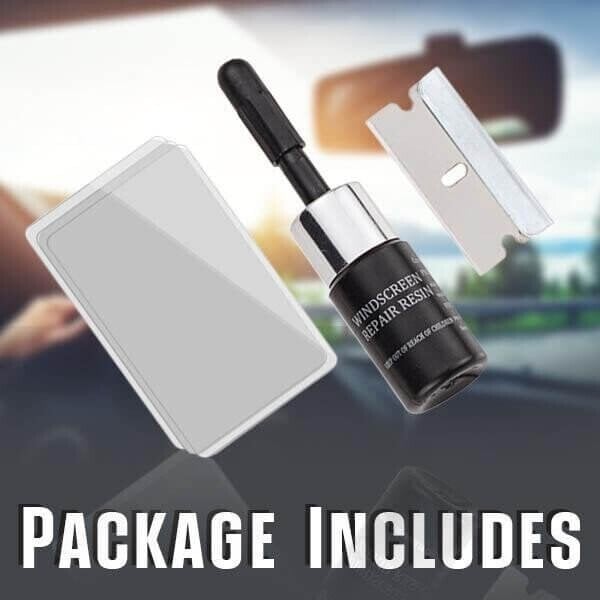 Arenzza Cracks Gone Glass Repair Kit for cars, showing tools and adhesive for fixing windshield chips and cracks.