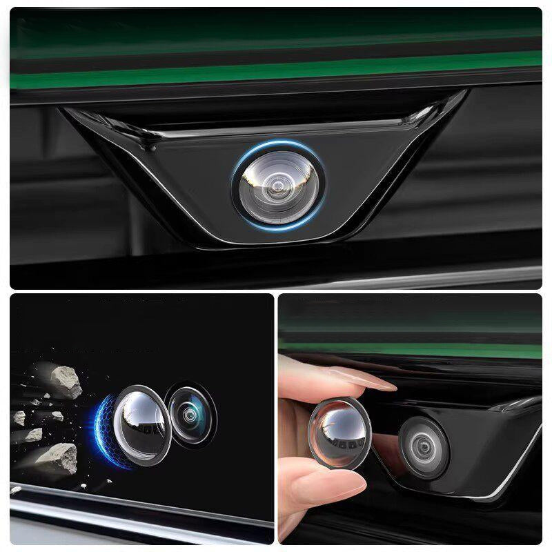 Arenzza car camera lens protector mounted on a vehicle camera, made of transparent material to shield the lens from scratches and debris.