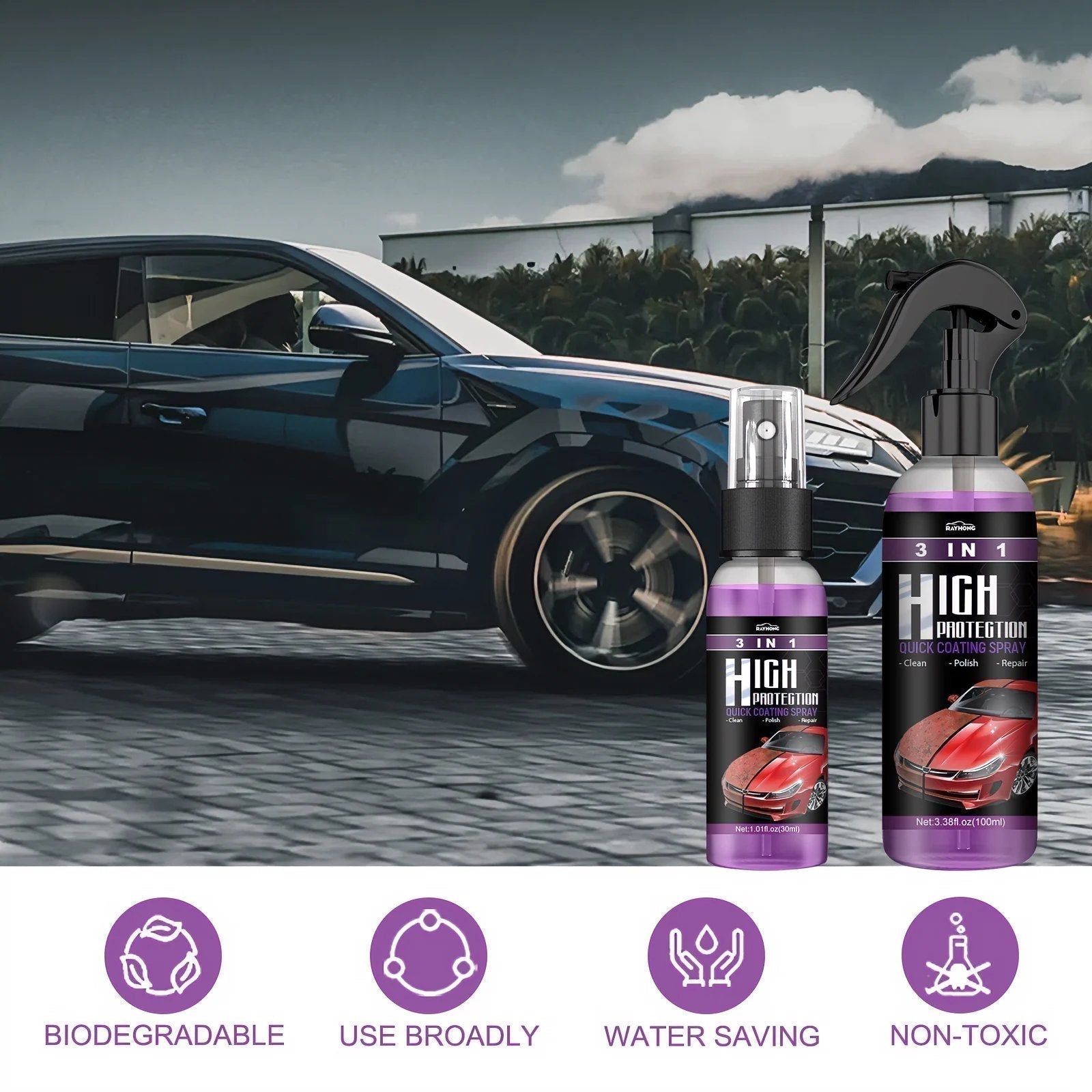 Arenzza 3-in-1 high protection quick car coating spray applied to a car's hood, showcasing a sleek, shiny finish.