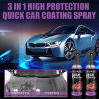 Arenzza 3 in 1 High Protection Quick Car Coating Spray applied to a car's hood, showcasing a sleek, glossy finish on the vehicle's surface.