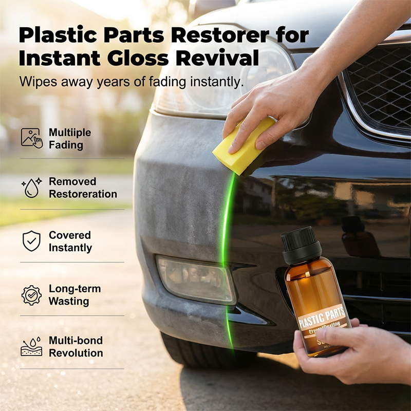 Arenzza Car Plastic Parts Crystal Coating Restorer showing a close-up of a shiny, restored automotive plastic surface with a smooth finish.