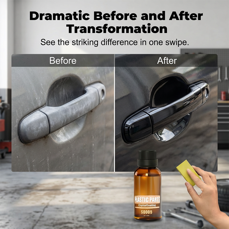 Arenzza Car Plastic Parts Crystal Coating Restorer for car accessories, showing a close-up of the plastic surface with a shiny finish.