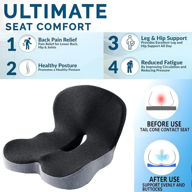 Arenzza non-slip memory foam seat cushion with breathable mesh, designed for car, office, and wheelchair comfort and sciatica relief.
