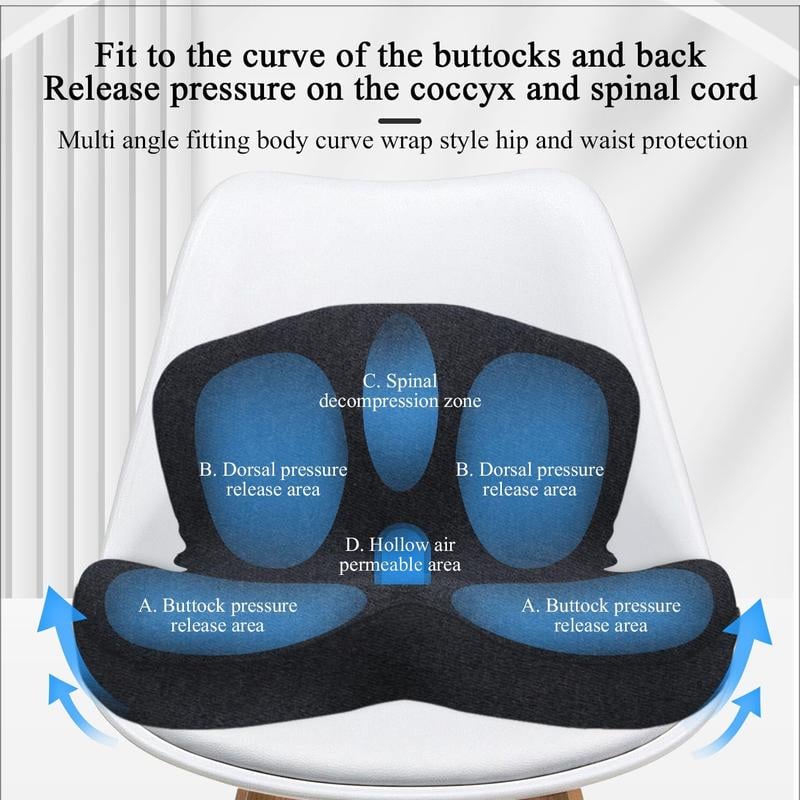 Arenzza non-slip memory foam seat cushion with breathable mesh for car, office, or wheelchair, providing sciatica relief and universal fit.
