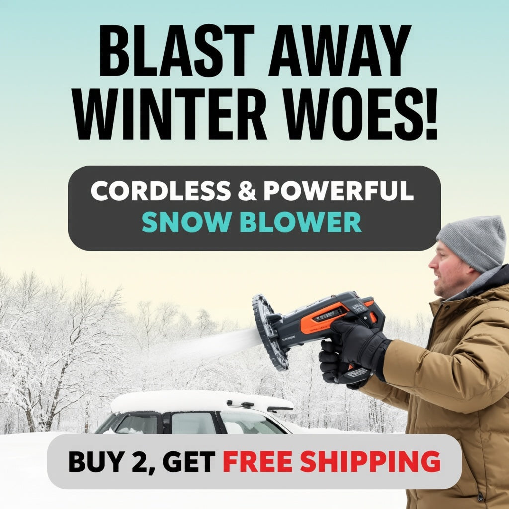 Arenzza handheld electric snow blower and defroster for cars, with dual-speed settings, clearing snow and ice from windshields and mirrors.