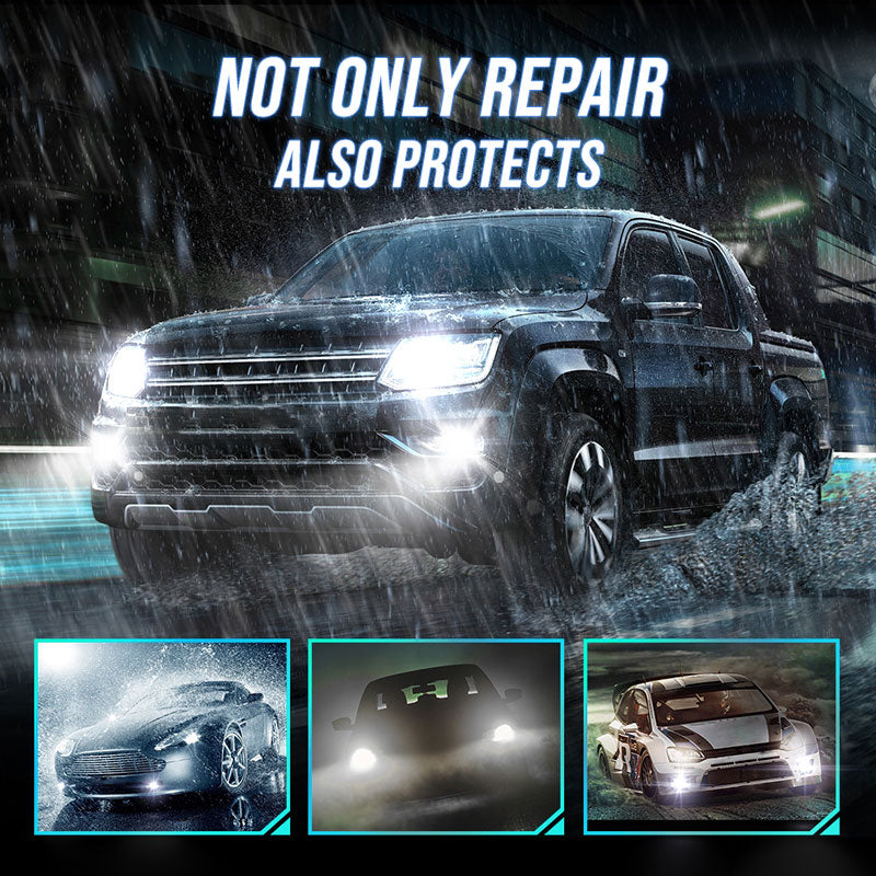 Arenzza car headlight repair fluid bottle with a clear label, used for restoring and repairing car headlight lenses.