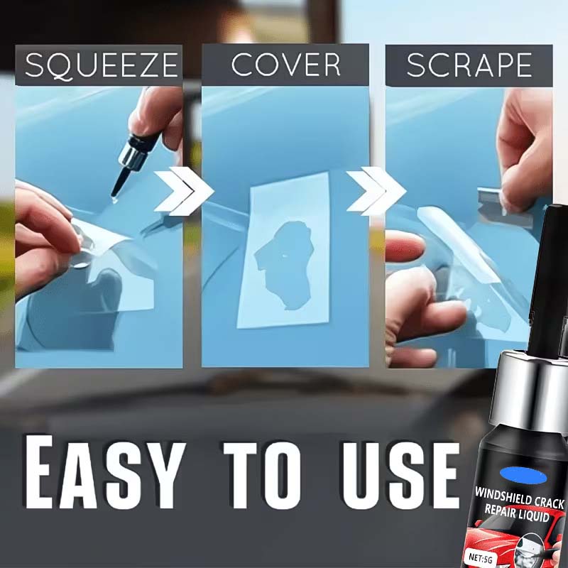 Arenzza Portable DIY windshield crack repair kit with tools and resin for car windshield damage repair, laid out on a white surface.
