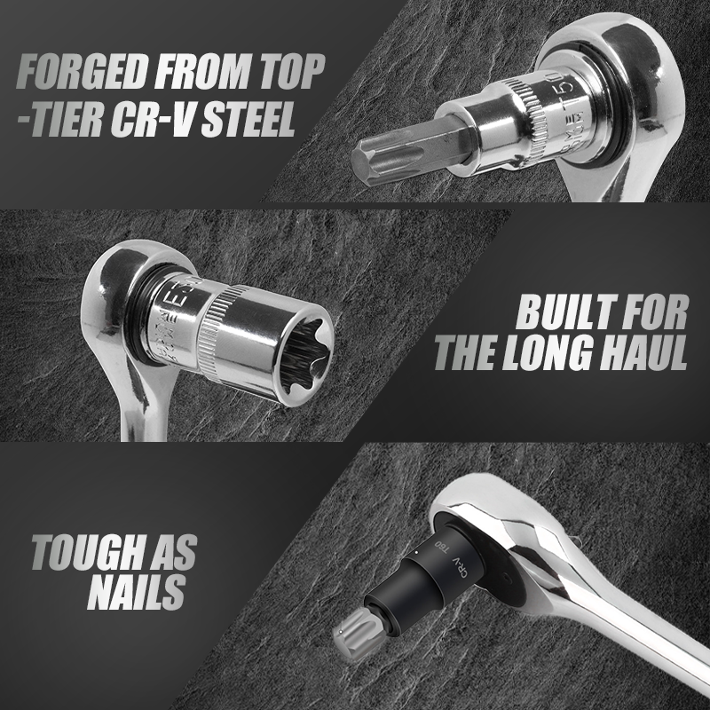 Arenzza Ultimate socket set for mechanics with CR-V steel sockets, displayed with various socket sizes for car repair.