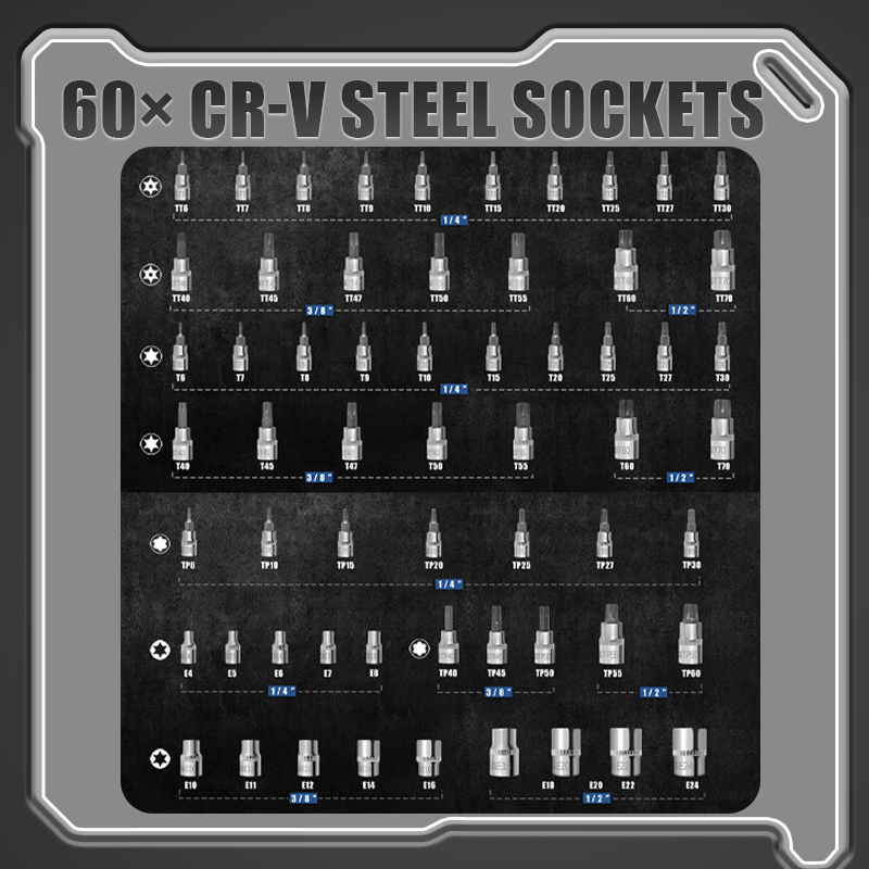 Arenzza Ultimate socket set for mechanics with CR-V steel sockets, displayed with various sizes on a white background.