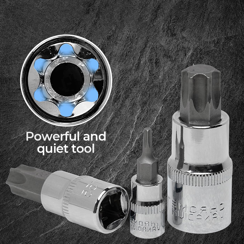 A set of CR-V steel sockets for mechanics with various sizes, arranged on a white background, branded by Arenzza.