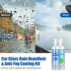 Arenzza car glass rain repellent and anti-fog kit applied on a car windshield, creating a clear, protective invisible layer for better visibility.