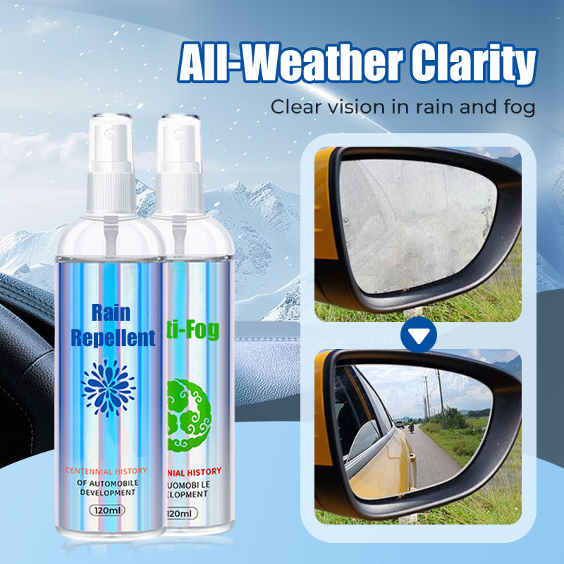 Arenzza car glass rain repellent and anti-fog kit applying an invisible protective layer on a vehicle windshield for clear visibility.