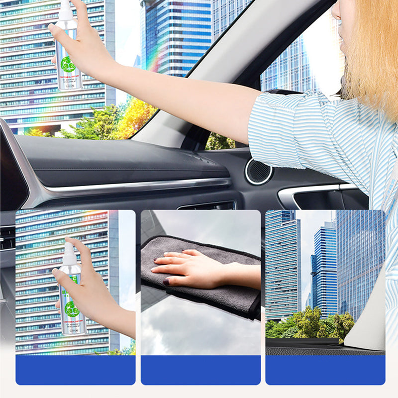 Arenzza car glass rain repellent and anti-fog kit applied to a vehicle windshield, creating a clear, invisible protective layer.
