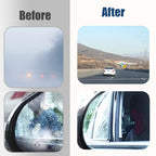Arenzza car glass rain repellent and anti-fog kit applied on a vehicle windshield, enhancing visibility in rainy and foggy weather.