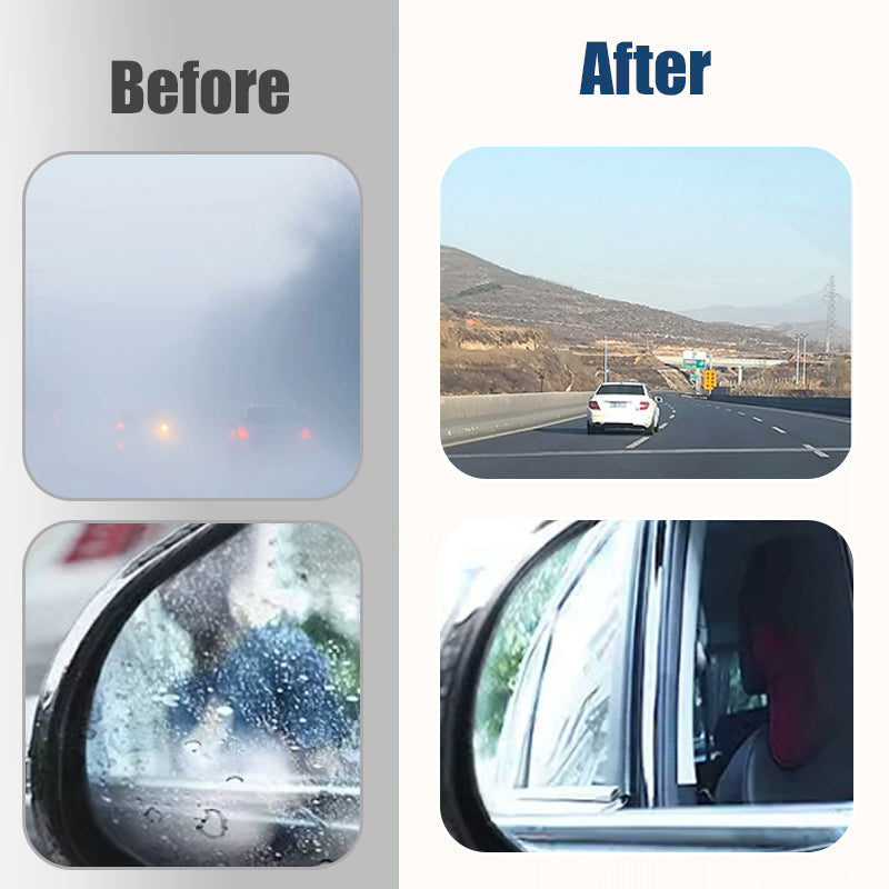 Arenzza car glass rain repellent and anti-fog kit applied on a vehicle windshield, enhancing visibility in rainy and foggy weather.