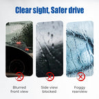 Arenzza Car Glass Rain Repellent and Anti-Fog Kit applied on a car windshield for improved visibility in all weather conditions.