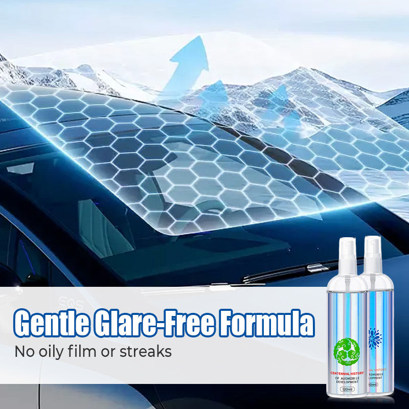 Arenzza car glass rain repellent and anti-fog kit applied on a vehicle windshield, creating a clear, protective layer for better visibility.