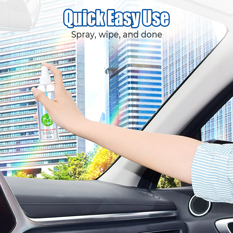 Arenzza car glass rain repellent and anti-fog kit applied to a vehicle windshield, enhancing visibility in wet and foggy weather conditions.