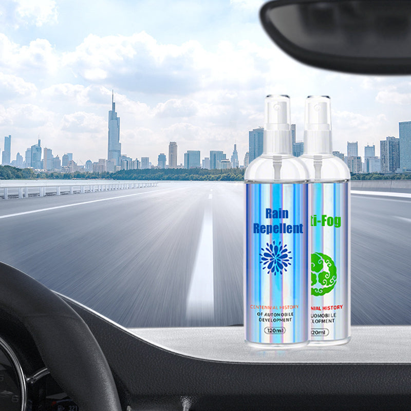 Arenzza car glass rain repellent and anti-fog kit applied on vehicle windshield, creating a clear, protective layer for better visibility.