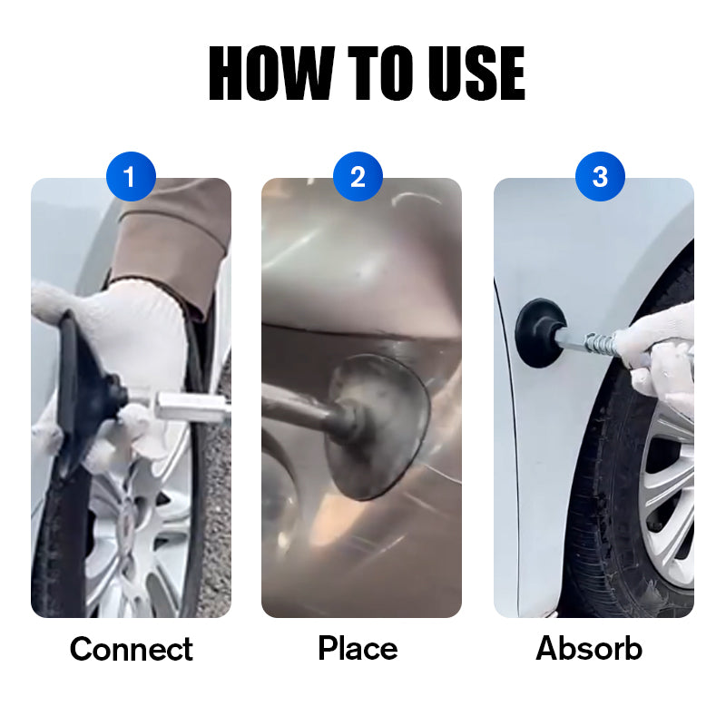 Arenzza car dent repair suction cup tool for auto body dent removal, with a red handle and black suction cup in use.