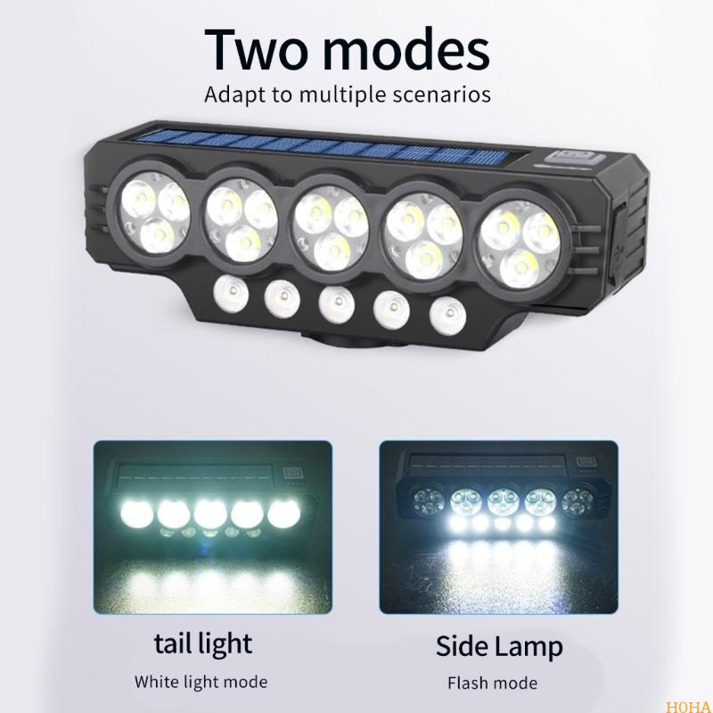 Arenzza solar and USB rechargeable bicycle light attached to a bike, showcasing bright LED illumination and eco-friendly design.