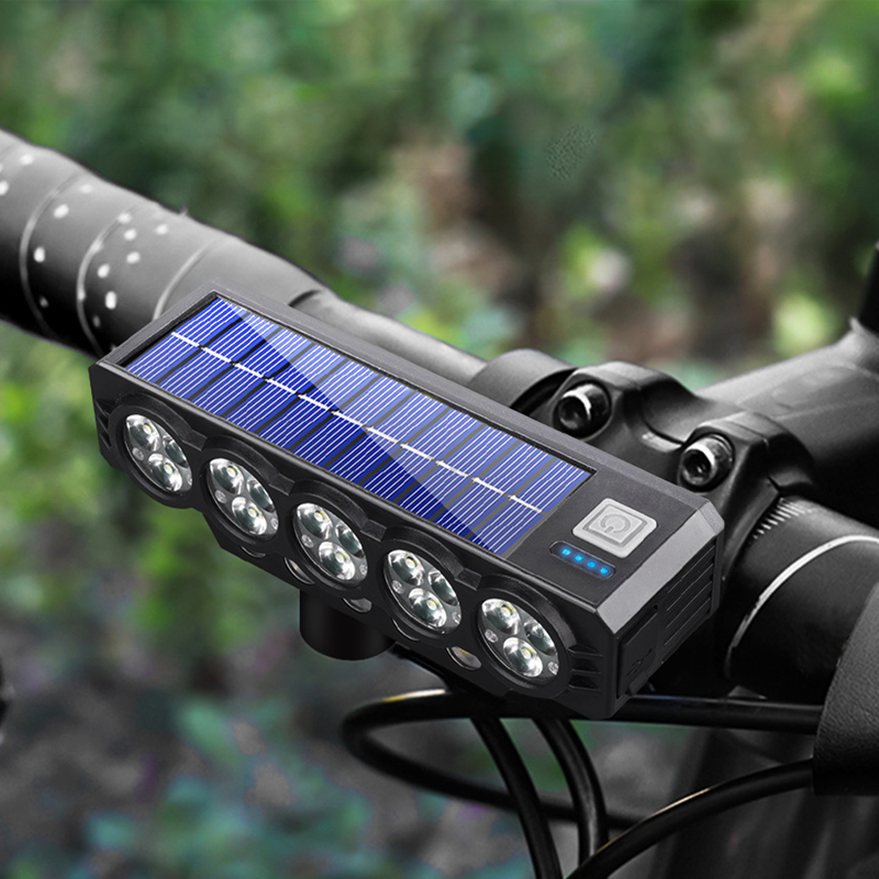 Arenzza solar and USB rechargeable bicycle light mounted on a bike, showing bright LED beam and sleek compact design.