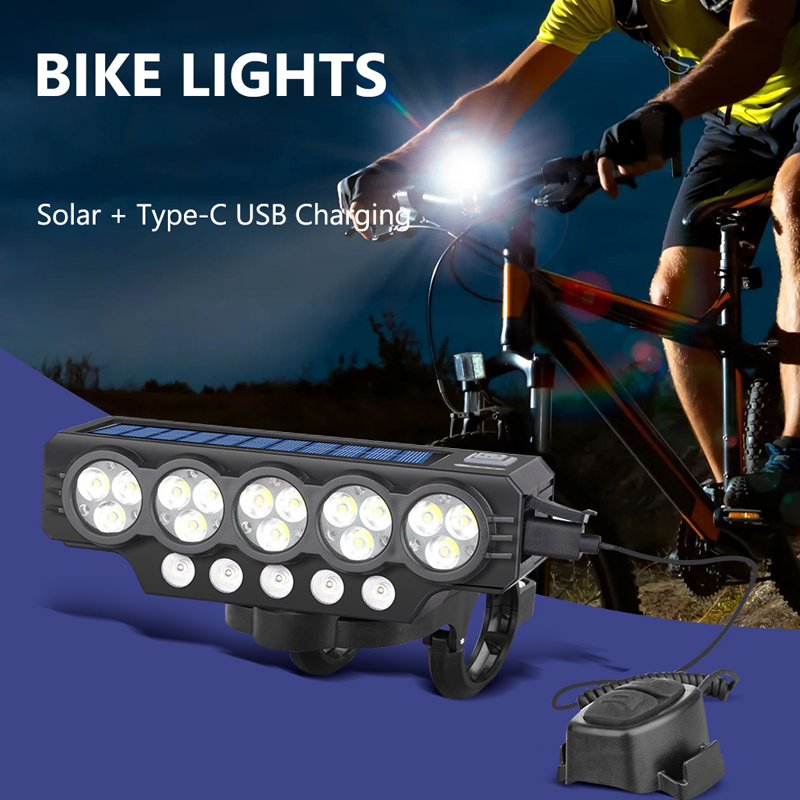 Arenzza solar and USB rechargeable bicycle light attached to a bike handlebar with bright front illumination for visibility.
