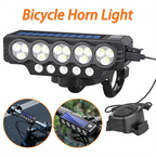 Arenzza solar and USB rechargeable bicycle light mounted on a bike handlebar, showcasing bright LED illumination for cycling safety.