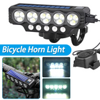Arenzza solar and USB rechargeable bicycle light mounted on a bike, showcasing bright LED illumination and sleek design.