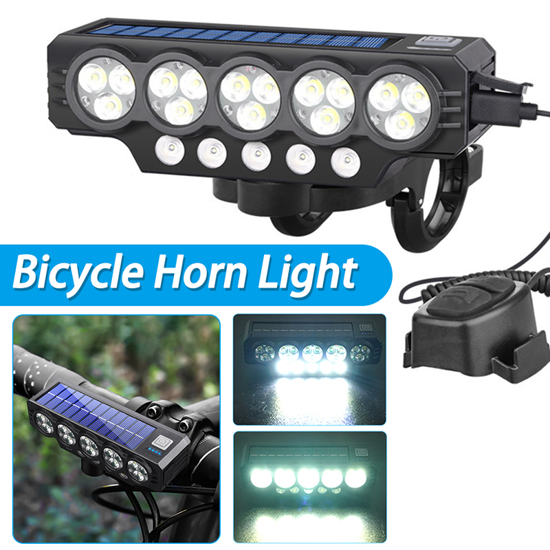 Arenzza solar and USB rechargeable bicycle light mounted on a bike, showcasing bright LED illumination and sleek design.