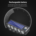 Arenzza solar and USB rechargeable bicycle light with bright LED, mounted on a bike for visibility and safety during night rides.