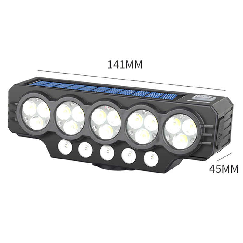 Arenzza solar and USB rechargeable bicycle light mounted on a bike handlebar, showcasing bright LED illumination and sleek design.