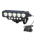 Arenzza solar and USB rechargeable bicycle light attached to a bike handlebar, showcasing LED illumination and eco-friendly design.