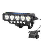 Arenzza solar and USB rechargeable bicycle light attached to a bike handlebar, showcasing LED illumination and eco-friendly design.