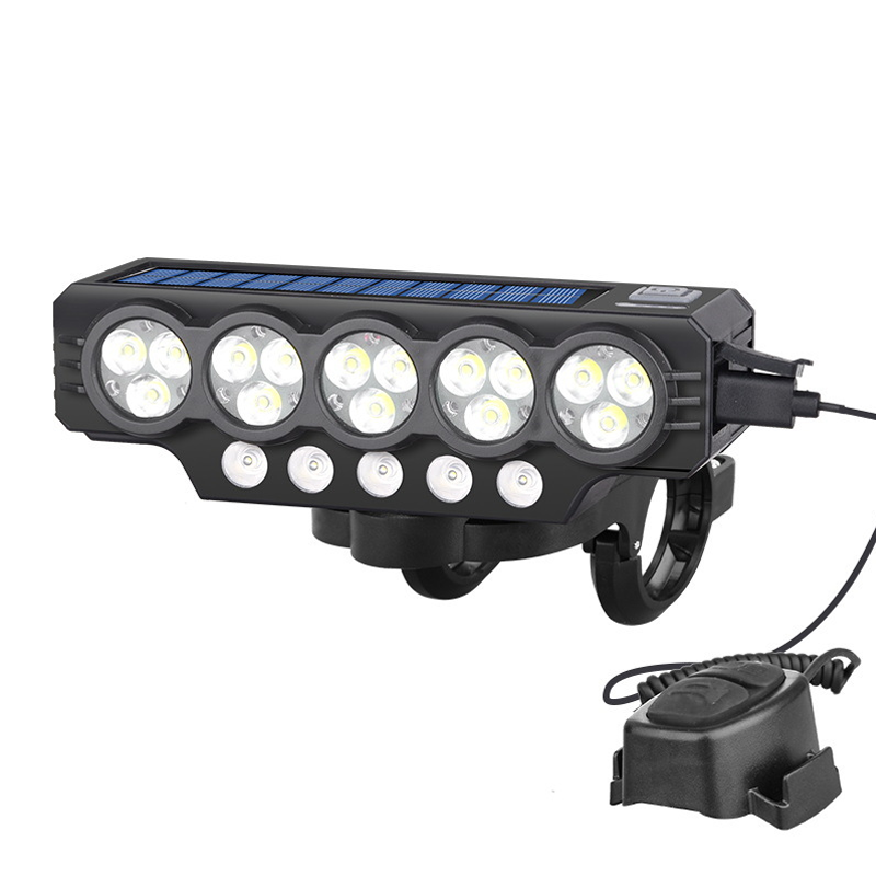 Arenzza solar and USB rechargeable bicycle light attached to a bike handlebar, showcasing LED illumination and eco-friendly design.