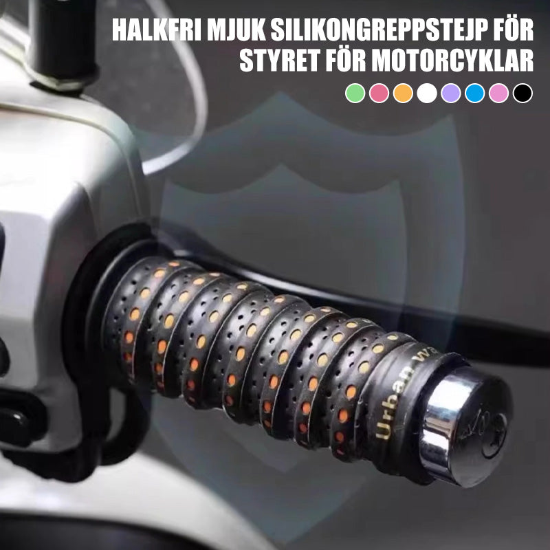 Arenzza non-slip soft silicone grip tape for motorcycle handlebars, shown wrapped around handlebar with textured surface.