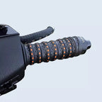Arenzza non-slip soft silicone grip tape for motorcycle handlebars, showing textured black tape with installation example.