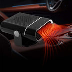 Arenzza 2-in-1 portable car heater with 360° rotation, compact car accessory, showing adjustable vents and control panel.