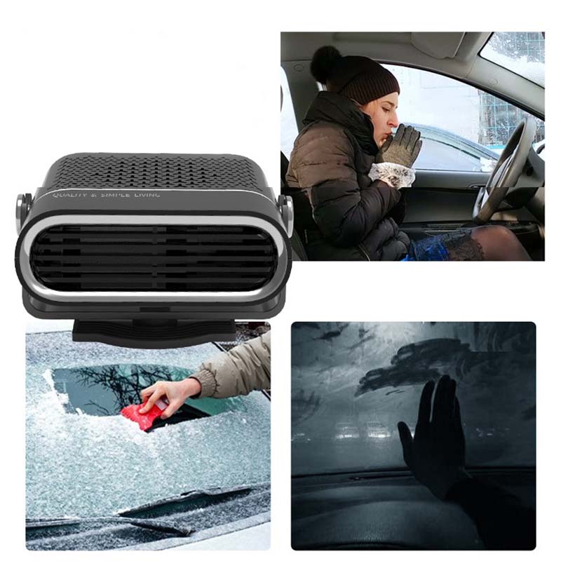 Arenzza 2-in-1 portable car heater with 360° rotation, compact car accessory for heating and defrosting inside a vehicle.