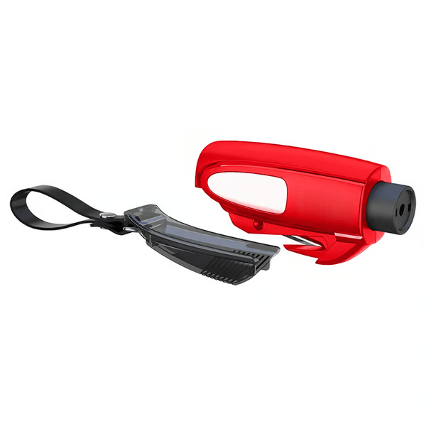 Arenzza 2-in-1 emergency car window breaker and seatbelt cutter in black with orange accents, designed for vehicle safety.