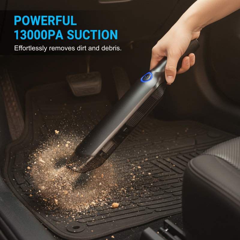 Arenzza handheld car vacuum cleaner with deep suction, lightweight design, washable filter, ideal for pet hair and upholstery cleaning.