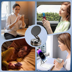 Arenzza 360° rotating magnetic phone holder for cars attached to a dashboard, holding a smartphone securely with magnetic grip.