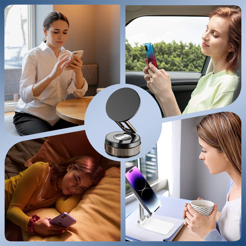 Arenzza 360° rotating magnetic phone holder for cars attached to a dashboard, holding a smartphone securely with magnetic grip.