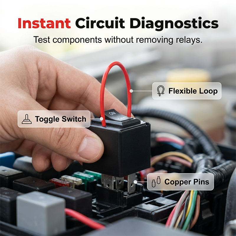 Arenzza automotive relay tester and bypass jumper set with testing tools and jumper cables for car relay diagnostics and bypass.