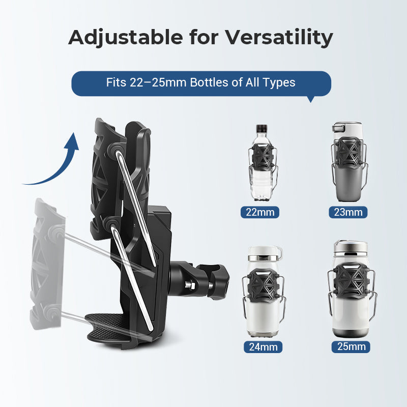 Arenzza adaptive cycling bottle holder for cars, showing a secure grip on a water bottle with adjustable features and car accessory design.